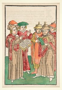 Tre Studiosi Cristiani e Tre Ebrei che Disputano, illustrazione da Der Seelen-Wurzgarten da Unknown