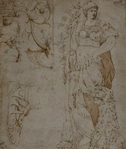 Tre schizzi: Fortezza, un sandalo e grottesche (recto); Schizzi di grottesche e corazza romana (verso) da Unknown