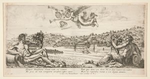Veduta di una città con due dei del fiume reclinati e la Fama che suona la tromba sopra con due stemmi da Unknown