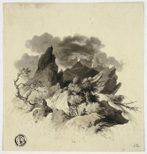 Tempesta violenta in montagna con vulcano in eruzione in lontananza da Unknown
