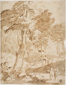 Paesaggio boscoso con figure e animali