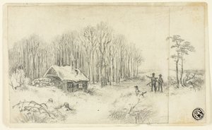 Capanna nel bosco, con cacciatori in avvicinamento da Unknown