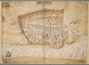 Una rappresentazione del XVI secolo della città di Hull. Questa mappa mostra la città di Hull, situata dove il fiume Hull sfocia nell