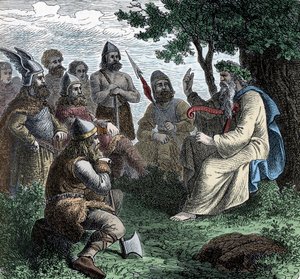 Un bardo che recita ai Normanni - Civiltà vichinga: Un bardo druido recita poesie ai guerrieri, VIII-IX secolo da Unknown artist