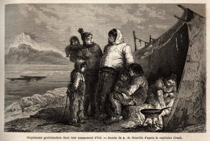 Una famiglia Inuit della Groenlandia nel loro campo estivo di pelli. Incisione per illustrare il viaggio al mare libero del polo artico, del Dottor Hayes, chirurgo della Marina degli Stati Uniti, nel 1860-1862, pubblicato in 