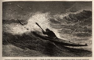 Un kayak della Groenlandia, che supera la barriera delle onde. Incisione per illustrare il viaggio al mare libero del polo artico, del dottor Hayes, chirurgo della Marina degli Stati Uniti, nel 1860-1862, pubblicato in "Le tour du monde, nouveau journal de