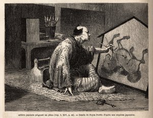 Un artista giapponese che dipinge uno yema (dipinto di cavallo leggendario). Incisione per illustrare il viaggio in Giappone, nel 1863-1864, di Aime Humbert, ministro della Confederazione Svizzera, in 