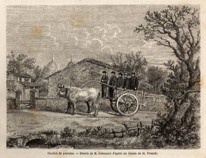 Un carro senese di contadini, a due ruote, per il trasporto di botti di vino, trainato da una coppia di piccoli buoi bianchi. Incisione per illustrare un viaggio a Siena (Italia) nel 1865, in 