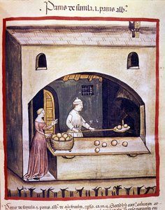 Un fornaio prepara pane bianco e pane di semola. Miniatura dal trattato di medicina e dietetica 