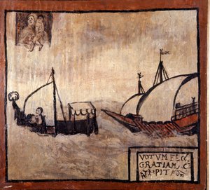 Una galea barbaresca insegue una barca di pescatori napoletani. Ex-voto del XVII secolo. Madonna dell