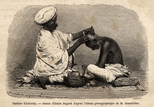 Un barbiere che lavora per strada a Calcutta. Incisione per illustrare il viaggio nelle province meridionali dell