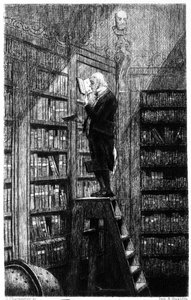 Un bibliotecario sulla sua scala che esamina i libri sugli scaffali. Incisione del XIX secolo