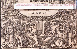 Un concerto, dettaglio. Frontespizio di Compendium of music di Adam Gumpeltzhaimer