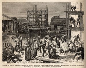 Un cantiere per una casa europea a Edo (Tokyo) con tagliapietre, terrassieri, gacheers di malta, intonacatori e carpentieri impiegati lì. Incisione per illustrare il viaggio in Giappone, di Aime Humbert, ministro della Confederazione Svizzera, nel 1863-18