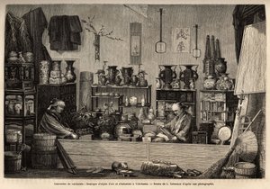 Un negozio di curiosità a Yokohama. Incisione per illustrare il viaggio in Giappone, di Aimé Humbert, ministro della Confederazione Svizzera, nel 1863-1864, pubblicato in "Le tour du monde" 1869, a cura di Edouard Charton, edizione Hachette, Parigi. Collez da Unknown artist