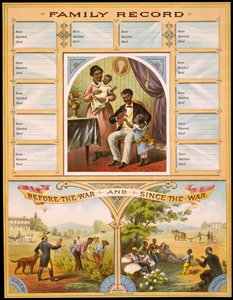 Diagramma che mostra due fattorie che confrontano schiavitù e libertà. Parte superiore riservata alla registrazione degli anniversari di famiglia. Incisione ca. 1880 da Unknown artist