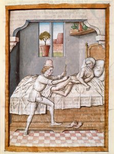 Un medico cura un paziente (miniatura da una traduzione tedesca delle favole di 