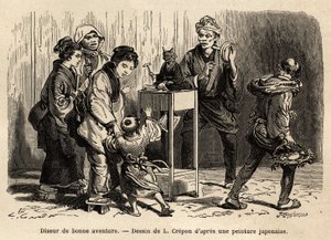 Una chiromante per le strade di Edo (ora Tokyo). Incisione per illustrare il viaggio in Giappone, di Aime Humbert, ministro della Confederazione Svizzera, pubblicato in "Le tour du monde", edito da Edouard Charton, edizione Hachette, Parigi da Unknown artist