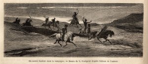 Un convoglio funebre nella campagna islandese, guidato da un cavallo che trasporta la bara, seguito da circa trenta persone e un branco di cani da Unknown artist