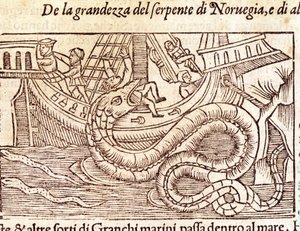 Un serpente marino gigante attacca una nave e batte il suo equipaggio. Incisione di Olaus Magnus (1490-1557), religioso e geografo svedese, 