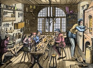 Laboratorio di un orafo - Artigianato: vista del laboratorio di Etienne Delaune (1518-1583), orafo, incisore francese. Incisione da un originale del 1576. Laboratorio di Etienne Delaune, orafo a Parigi