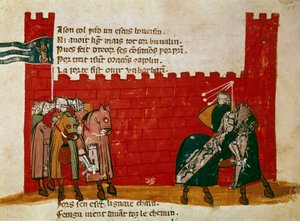 Un gruppo di cavalieri che lascia un castello in miniatura da 