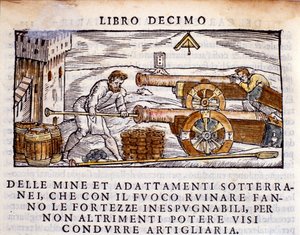 Un artigliere carica un cannone con esplosivi. Incisione dalla metallurgia "De la Pyrotechnia" di Vannoccio Biringuccio. 1550