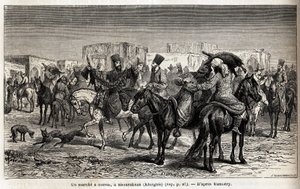 Una passeggiata a cavallo a Shurakhan (Kirghizistan o Kirghizistan). Disegno di Emile Bayard (1837-1891), per illustrare il viaggio in Asia Centrale, nel 1863, di Arminius Vambery (scienziato ungherese travestito da derviscio). Incisione in "Le tour du mon da Unknown artist
