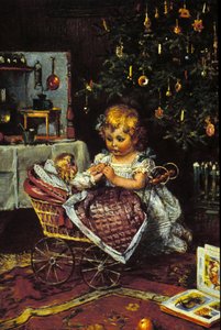 Una bambina scopre la bambola e la carrozzina sotto l
