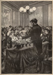 Un mago usa una scatola di noce moscata per far apparire e scomparire una palla. Incisione del 1885 in 