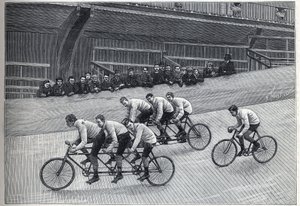 Un ciclista recordman con i suoi allenatori su treni tripli su una pista ciclabile. Incisione in "La Nature" da Unknown artist