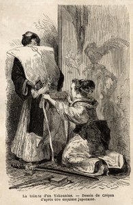 La toilette di un samurai, una giovane domestica la aiuta a legare il kimono. Incisione per illustrare il viaggio in Giappone, nel 1863-1864, di Aime Humbert, ministro della Confederazione Svizzera, in 