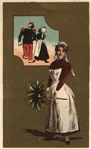 Una domestica con una piuma. Sogna il braccio di un bel soldato. Cromolitografia anonima, fine XIX secolo. da Unknown artist