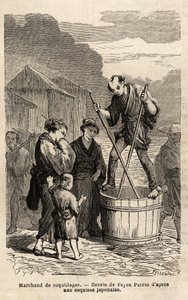 Un venditore di conchiglie in mezzo alla strada si alza in equilibrio sul barile contenente la sua merce, che traina con due lunghi bastoni. Incisione per illustrare il viaggio in Giappone, nel 1863-1864, di Aimé Humbert, ministro della Confederazione Sviz