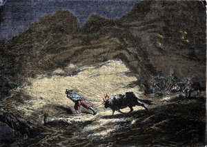 Un naufrago (pirata) usa una luce appesa alla testa di un bue per ingannare le navi che si avvicinano alla costa e si trovano alla mercé dei saccheggiatori. Incisione del XIX secolo da Unknown artist