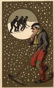 Un raccoglitore di neve con la sua pala. Cromolitografia anonima, fine XIX secolo. da Unknown artist