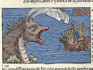 Un capodoglio (?) (physeter) attacca una nave. Incisione di Olaus Magnus (1490-1557), religioso e geografo svedese, 