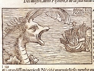 Un capodoglio (?) (physeter) attacca una nave. Incisione di Olaus Magnus (1490-1557), religioso e geografo svedese, 