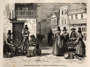 Una strada in Galles, con abitanti vestiti in costumi tradizionali e attività quotidiane: una famiglia di prima mano e donne che filano lana con ruote. Incisione per illustrare un viaggio nel paese di Galles, nel 1862, di Alfred Erny, in "Le tour du monde, da Unknown artist