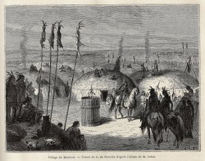 Un villaggio di indiani Mandans (o noumah ka kie: fagiani) sulla riva sinistra del Missouri, a 600 leghe dalla città di Saint Louis. Incisione per illustrare un