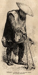 Un raccoglitore di stracci, usando lunghi bastoncini afferra gli stracci che ripone nel suo cesto prima di venderli a un grossista. Incisione per illustrare il viaggio in Giappone, di Aime Humbert, ministro della Confederazione Svizzera, nel 1863-1864, pub da Unknown artist