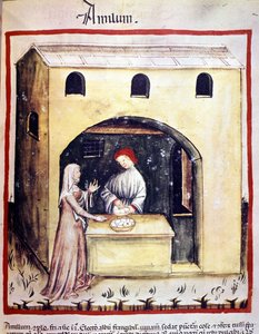 Una giovane donna compra uova da un commerciante. Miniatura dal trattato di medicina e dietetica "Tacuinum sanitatis"