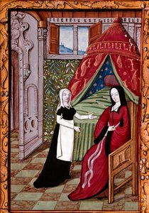 Una giovane donna probabilmente Louise Laval (morta nel 1480) nella sua camera con la sua serva Miniatura tratta da 