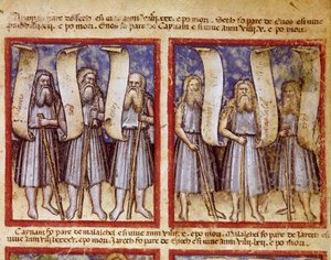 La genealogia di Adamo è seguita da Seth, Enoch (Henoch o Enosh) Kenan, Mahalalel (Mahalaleel) e Jared (o Yared), i grandi patriarchi della Bibbia Miniatura tratta dal codice 212 (o padovano o Bibbia di Padova) 1390-1400 da Unknown artist