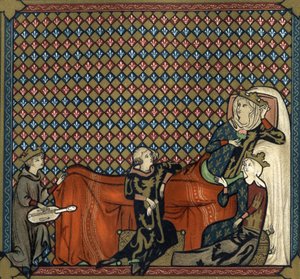 Adenet le Roi (circa 1240- circa 1300), poeta e menestrello, recita il romanzo di Cleomades, davanti a Matilde di Brabante (1224-1288) e alla Principessa Bianca di Castiglia (figlia di San Luigi). Facsimile in cromolitografia del XIX secolo dopo una miniat da Unknown artist