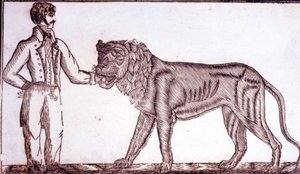 Pubblicità per il circo nel 1800 che raffigura un domatore che mette la mano nella bocca di un leone da Unknown artist
