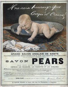 Pubblicità del 1889 per il sapone inglese "Pears", grande sapone inglese per la salute. Un bambino nella sua vasca fa un capriccio (piange) e cerca di prendere il sapone da Unknown artist