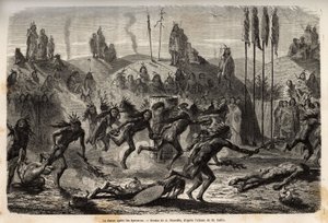 Dopo la cerimonia di auto-donazione al Grande Spirito, i giovani guerrieri abbracciano una danza frenetica e sfrenata, i più deboli vengono trascinati a terra, tra gli indiani Mandans (o noumah ka kie: fagiani), sulla riva sinistra del Missouri. Incisione  da Unknown artist