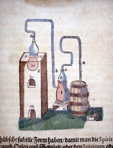 Alchimia: apparecchio per la distillazione, tratto da un libro di Pietro Andrea Mattioli (Matthiole) (1500-1577). Francoforte da Unknown artist