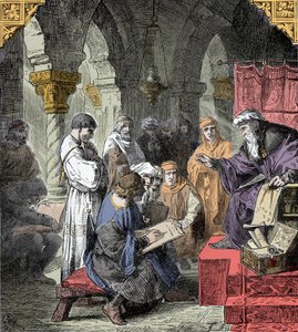 Alchimia e Astrologia insegnate nelle scuole - Educazione scientifica nel Medioevo: un insegnante tiene una lezione di astronomia e alchimia ai giovani da Unknown artist